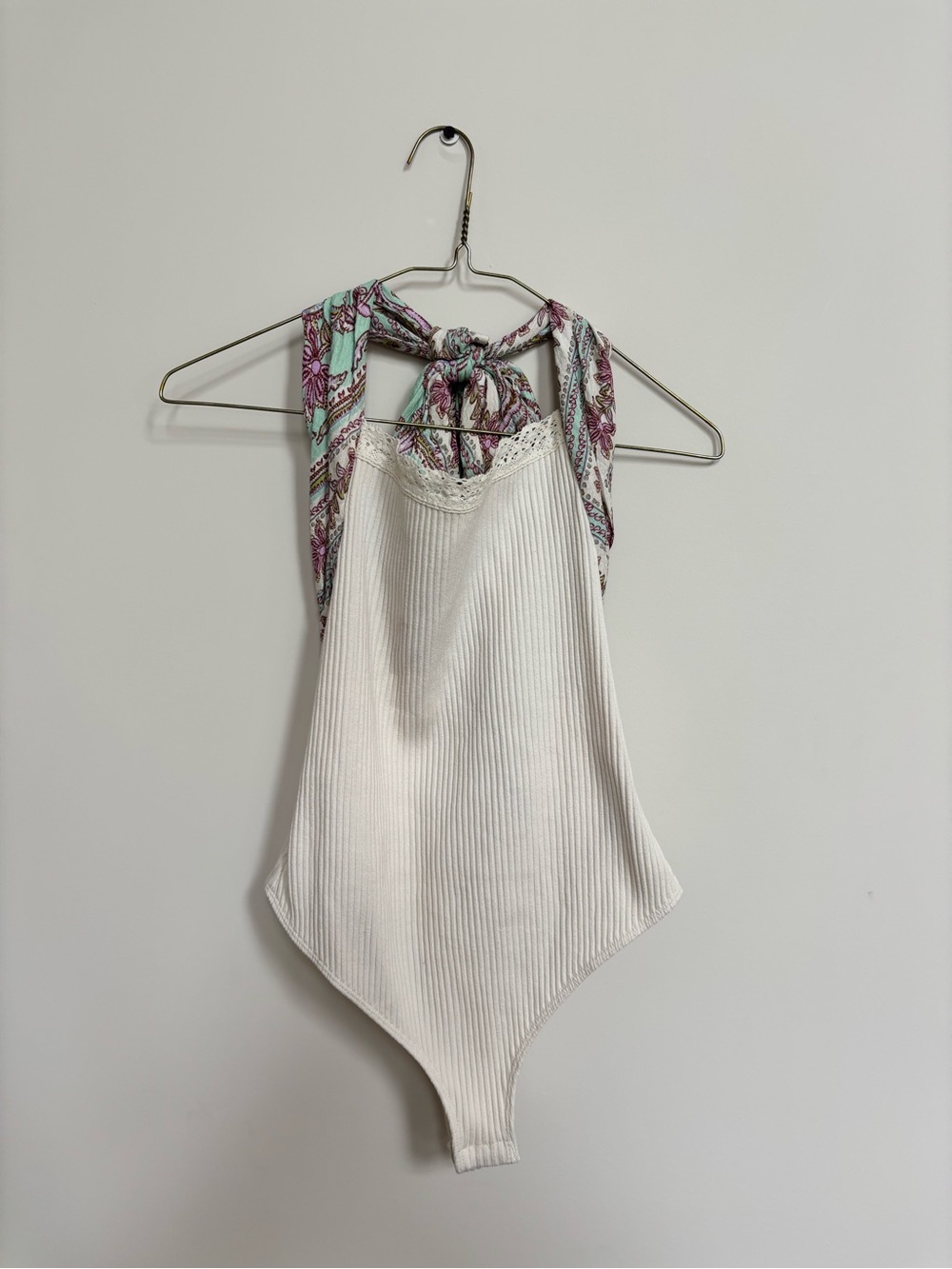 Free People Cream Ribbed Bodysuit with Printed Tie-Straps